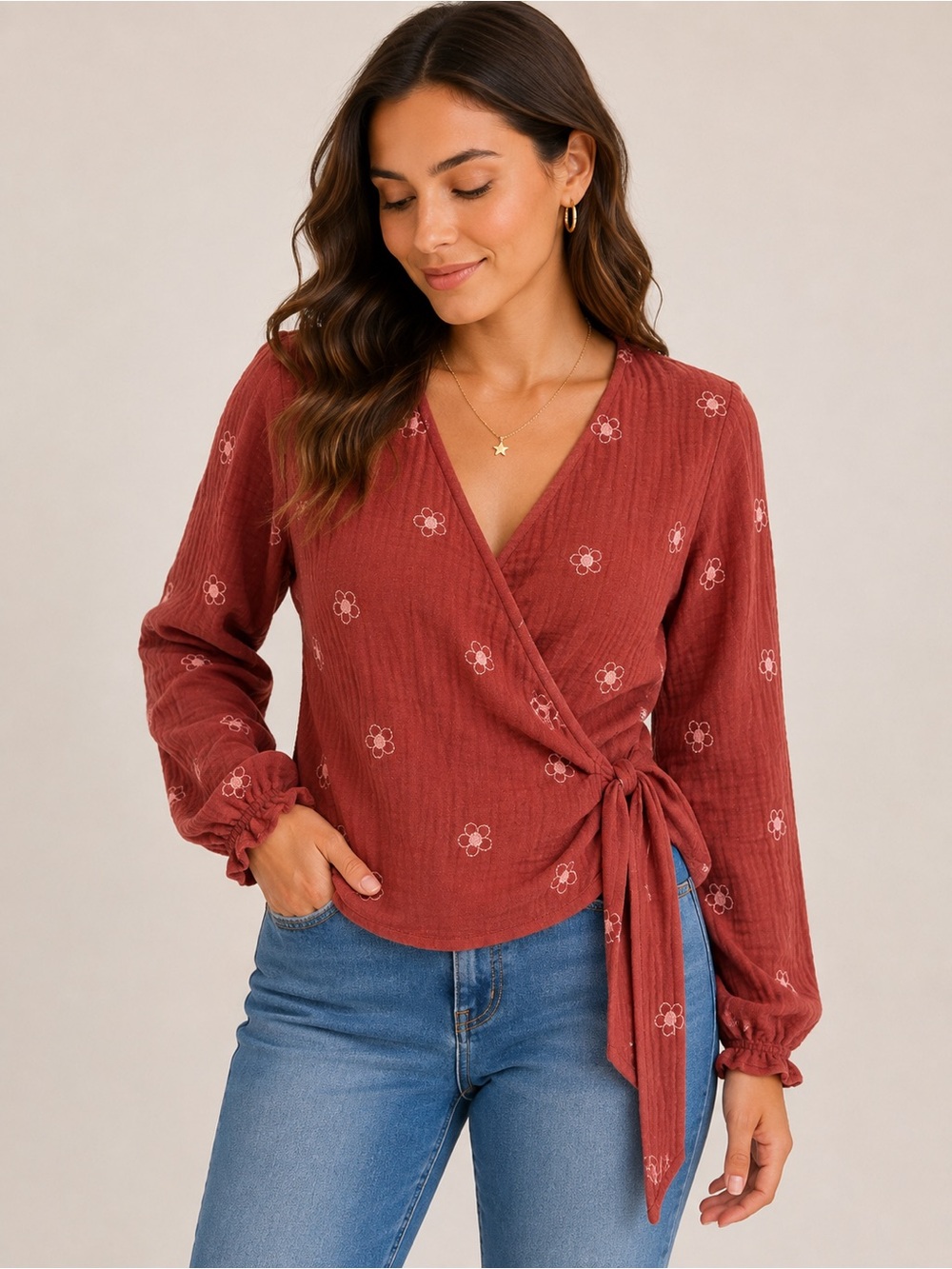Madewell Embroidered Cotton Gauze Floral Wrap Top Rust XXS